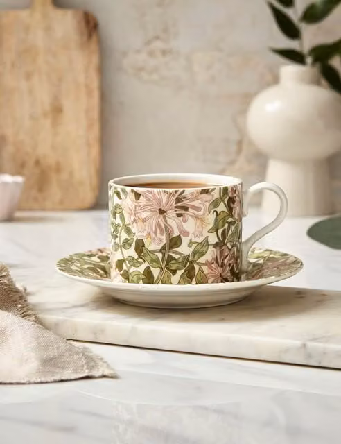 Morris & Co Honeysuckle Floral Porcelain Cup and Saucer Set, Multicolour
