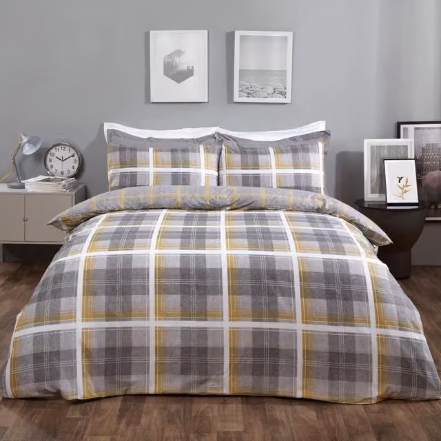 Dreamscene Denim Check Reversible Duvet Cover and Pillowcase Set, Yellow and White, W: 200 cm x L: 220 cm