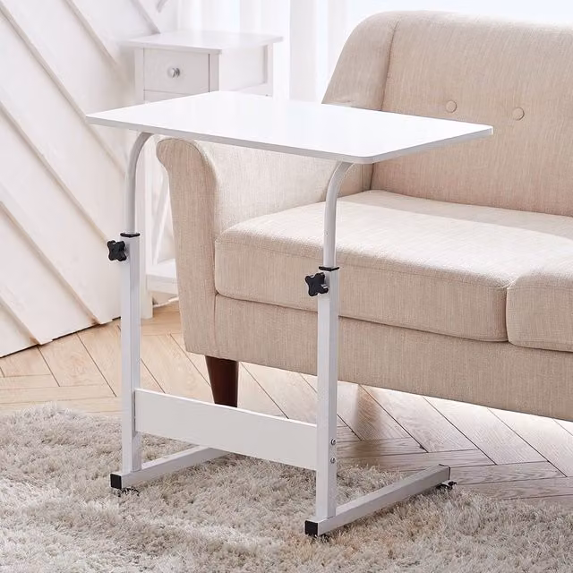 Living and Home Height Adjustable Mobile Overbed Desk with Wheels in White