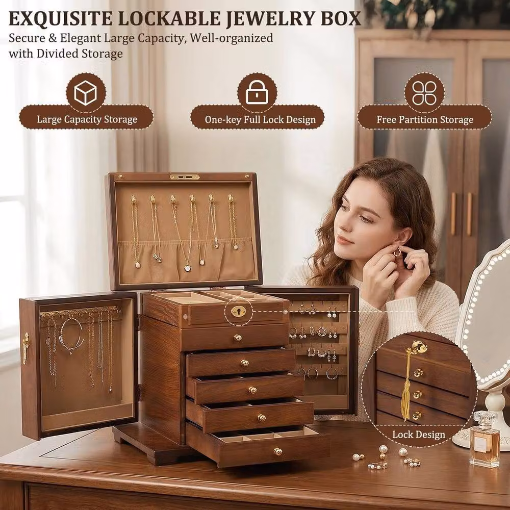 SPETLEK 6 Layer Large Jewelry Box in Brown with Wood and Glass Construction – 3