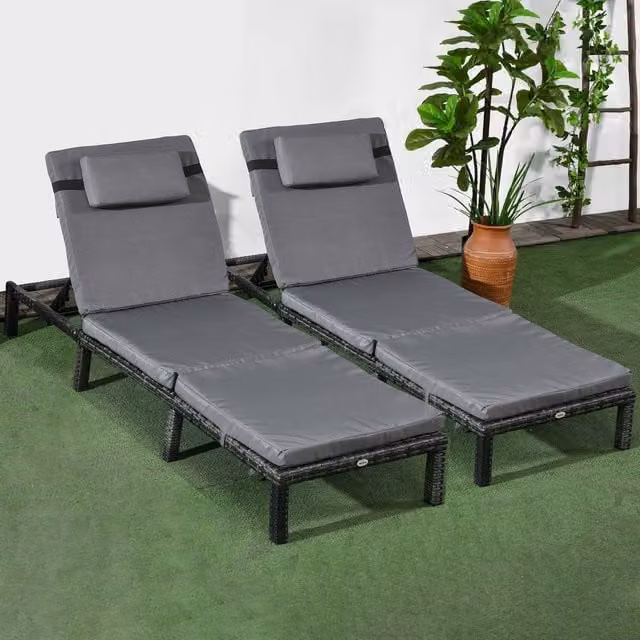 Outsunny Set of 2 Rattan Sun Loungers with 5-Level Adjustable Backrest and Weatherproof Cushions in Dark Grey