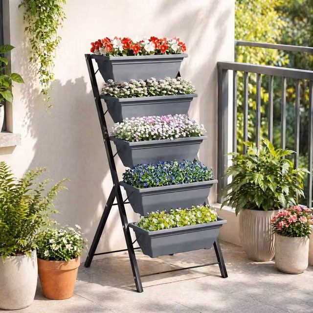 STILVORA 5-Tier Plant Stand with 5 Planter Boxes in Grey, W/D/H: 120 x 55 x 63 cm