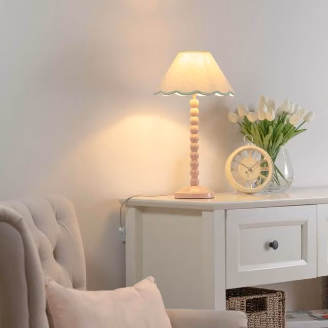 ValueLights Rose Pink Bobbin Stem Table Lamp with Green Trim Scallop Shade and Bulb Included