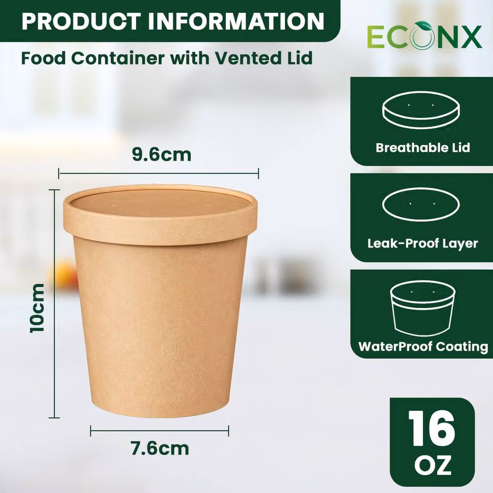 ECONX 100 Pack Brown Disposable Paper Soup Cups and Salad Bowls with Lids, 16oz – 3
