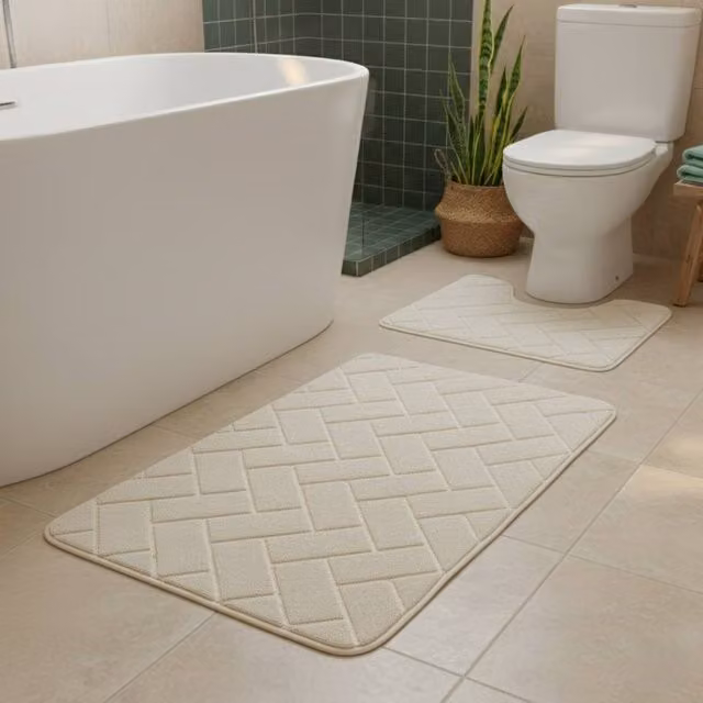 Snug City City Block Design Memory Foam Bath Mat Set in Beige, W: 80 cm, D: 50 cm