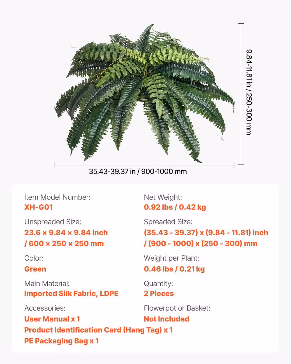 VEVOR Large Artificial Hanging Ferns in Green, 2 Pack – 5