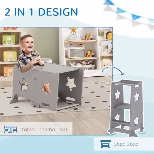 AIYAPLAY 2 in 1 Toddler Step Stool with Safety Rail, Grey, W/D/H: 86.0 x 60.0 x 44.5 cm – 3