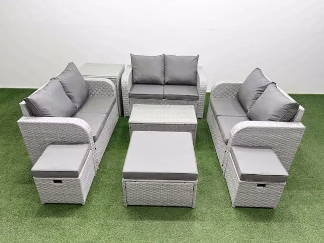 Fimous 9 Seater PE Wicker Rattan Garden Furniture Set in Light Grey with Rectangular Coffee Table, 2 Seater Sofa and 3 Ottomans