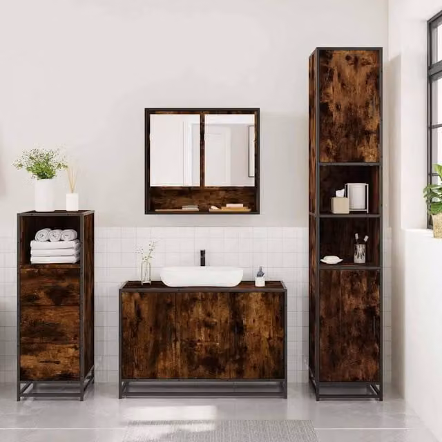 Berkfield Home 3 Piece Industrial Bathroom Furniture Set in Smoked Oak Brown featuring Mirror Cabinet, Vanity Unit and Tall Cabinet – 1