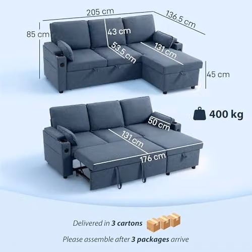 HOMCOM L-Shaped 3 Seater Corner Sofa Bed in Blue with Reversible Storage Chaise and USB Charging, W/D/H: 205.0 x 136.5 x 85.0 cm – 3