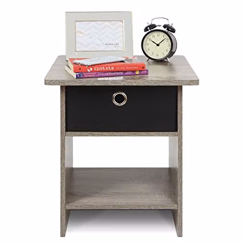 Furinno DARIO Square Side Table with Storage Bin and Open Back Shelf in French Oak – 3
