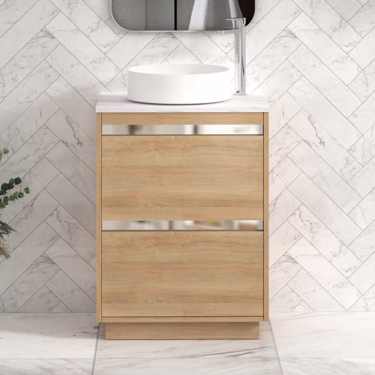 Royal Bathrooms Orion 800mm Natural Oak Floor Standing 2 Drawer Vanity Unit with Carrara White Undrilled Worktop and Chrome Accent Trim