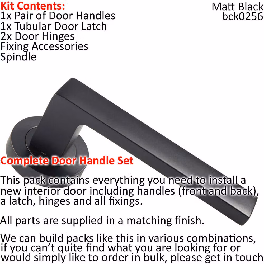 Loops Matt Black Straight Square Lever Door Handle and Latch Pack with Round Rose – 2
