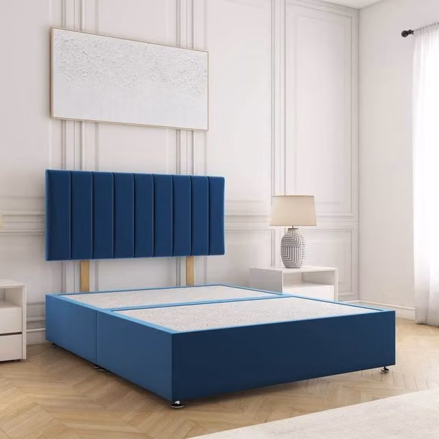 BSSPOKE Aria Divan Bed with 24 inch Headboard in Blue Plush Velvet, Small Double, W/D/H: 120 x 200 cm