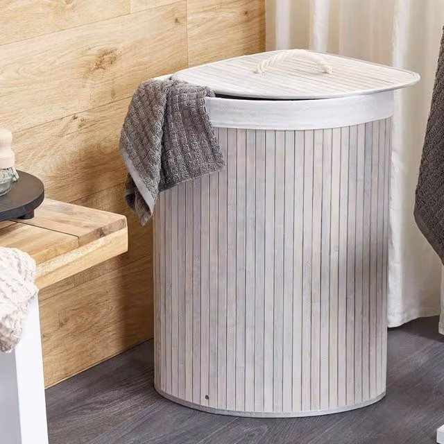 Wyld and Coco Bamboo Corner Storage Basket with Lid and Removable Bag in Grey