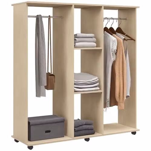 HOMCOM Mobile Double Open Wardrobe with Clothes Hanging Rail and 3 Shelves in Natural and Beige – 1