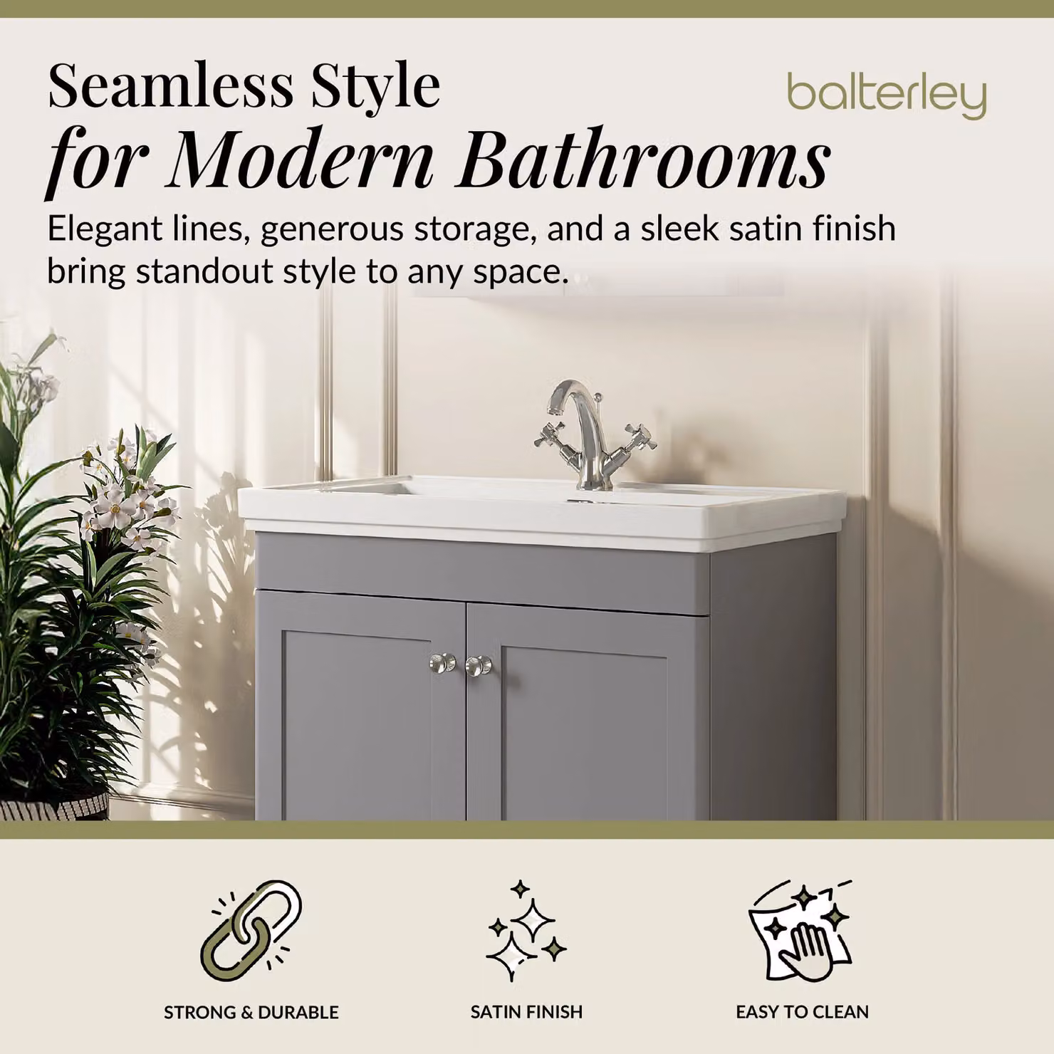 Balterley 2-Door Freestanding Bathroom Floor Vanity Unit and Fireclay Basin in Satin Grey, W: 80 cm, H: 86.5 cm – 2