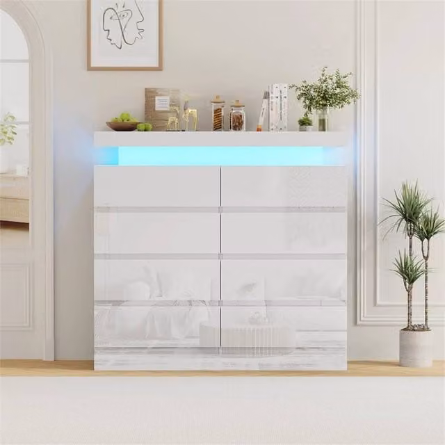 FORGEVIO Modern 8 Drawer Bedside Table Cabinet in Glossy White with Integrated Lighting