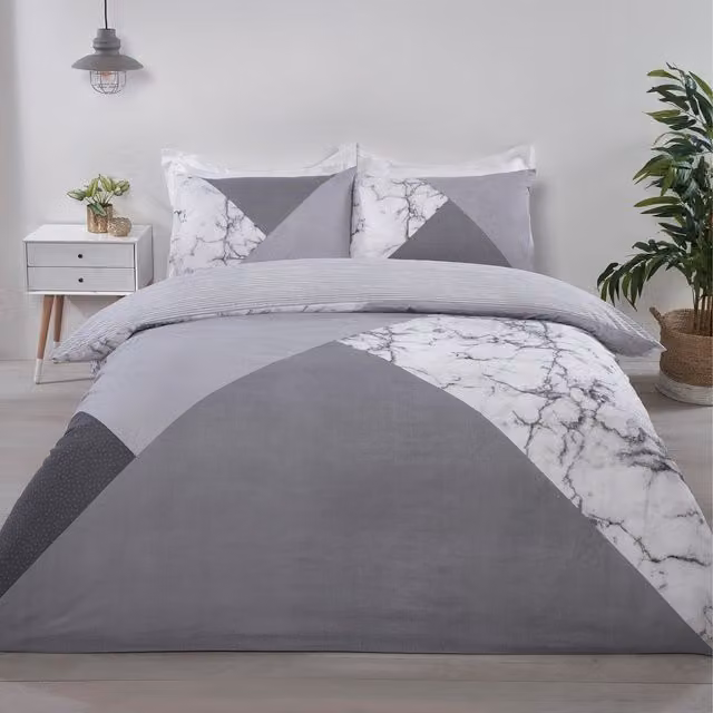 My Home Marble Geo Reversible Duvet Set and Pillowcase, Grey, W: 90 cm, H: 200 cm