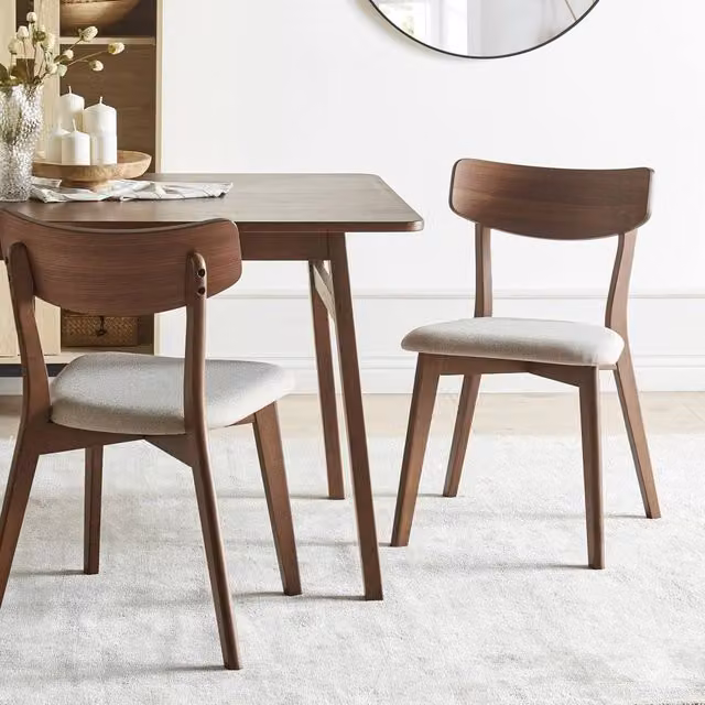 Wyld and Coco Timberline Set of 2 Armless Retro Dining Chairs in Brown Rubberwood and Beige Fabric – 1