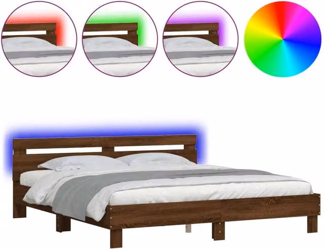 Berkfield Home Modern Bed Frame with LED Under-Bed Lighting and USB Charging Port in Brown Oak, W/D/H: 160 x 200 cm