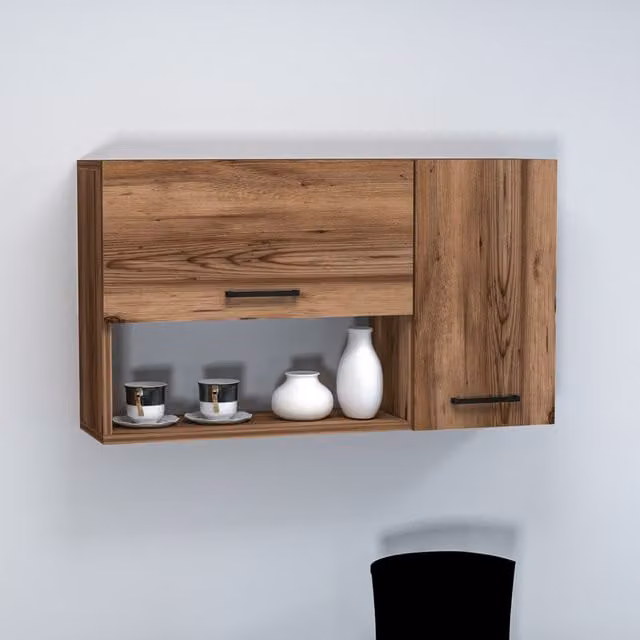 Destina Home Novarro Multi-Purpose Wall-Mounted Kitchen Cabinet in Brown and Orange Wood and Metal Finish