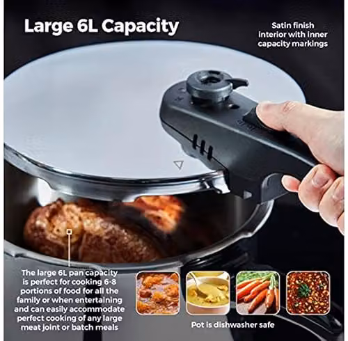 Tower Stainless Steel Pressure Cooker with Steamer Basket, Silver, 6L – 4