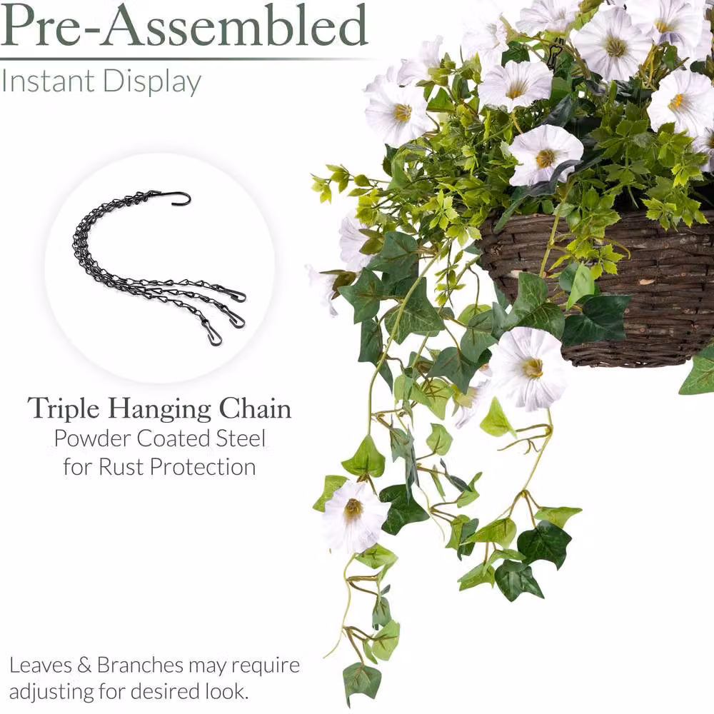 Christow White Artificial Petunia Wicker Hanging Basket with UV Resistant Foliage, Diameter: 30 cm – 6