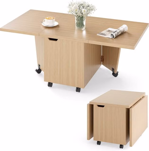 Costway Rustic Brown and Beige Foldable Drop Leaf Coffee Table with Castors