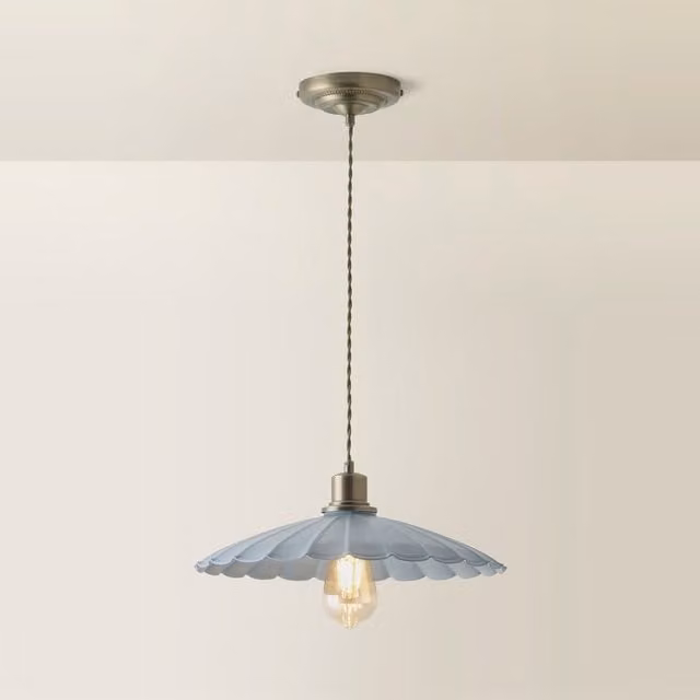 ValueLights Holborn Scallop Pendant Ceiling Light with Bulb, Blue and Grey with Gold/Brass Metal Finish – 1