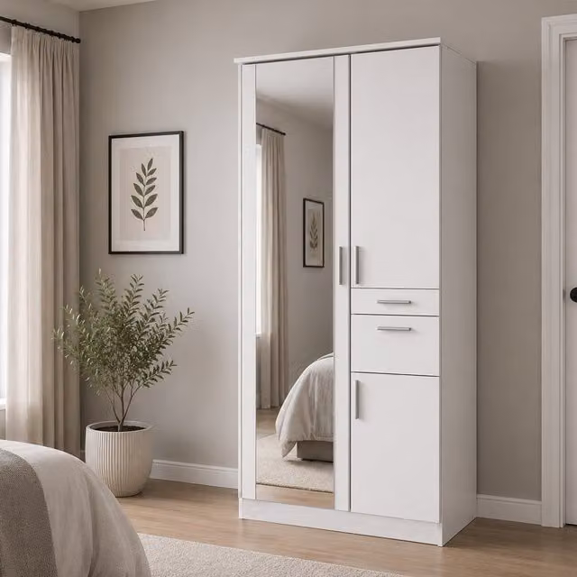 Koblenz Matt White 2 Door Wardrobe with Mirror, Width: 90 cm