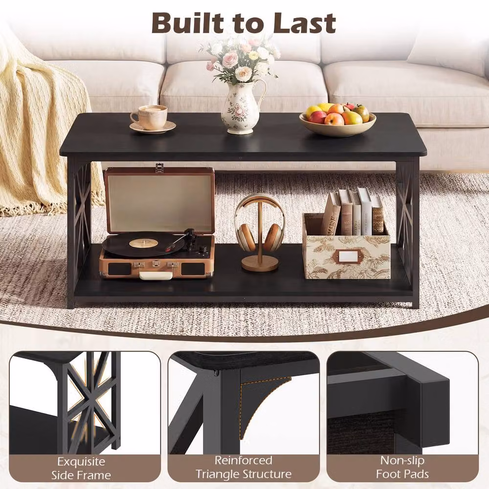 Gymax Industrial Farmhouse Coffee Table with 2-Tier Open Storage Shelf in Black – 9