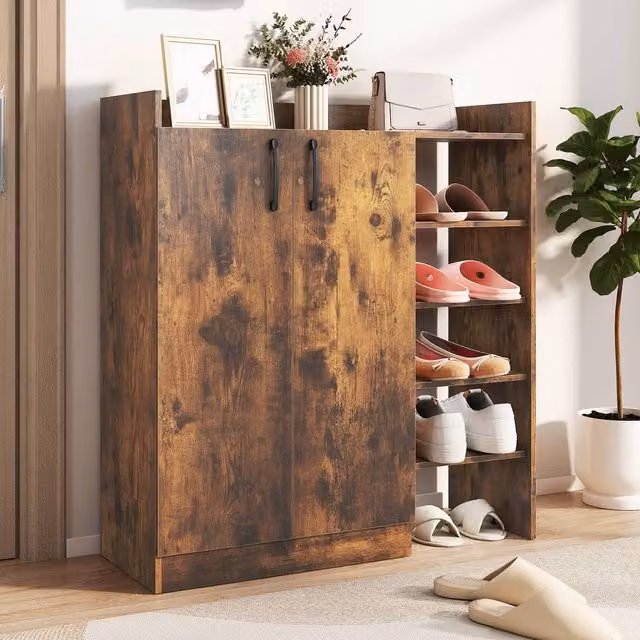 Costway Industrial Wooden Shoe Cabinet with 4 Open Shelves and Hinged Doors in Brown – 1