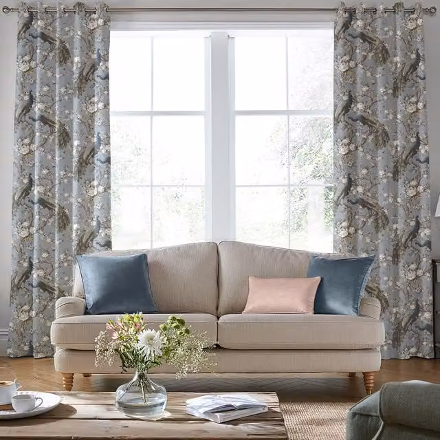 Laura Ashley Belvedere Made to Measure Velvet Floral Eyelet Curtain Panel in Chalk Blue