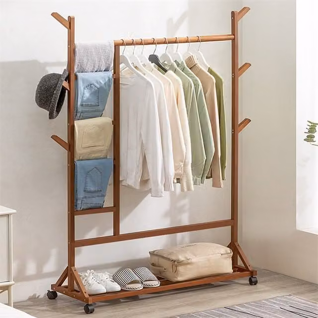 Livingandhome Bamboo Clothes Rack with Dual Hook and Rail Matrix in Brown