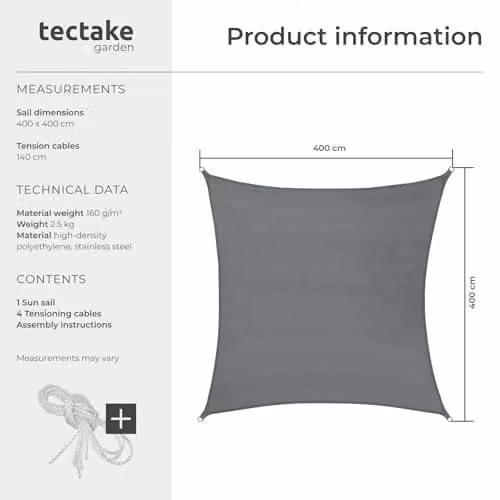tectake Sun Shade Sail Square Grey Polyethylene Fabric with UPF 50+ UV Protection, 4 x 4 m – 5