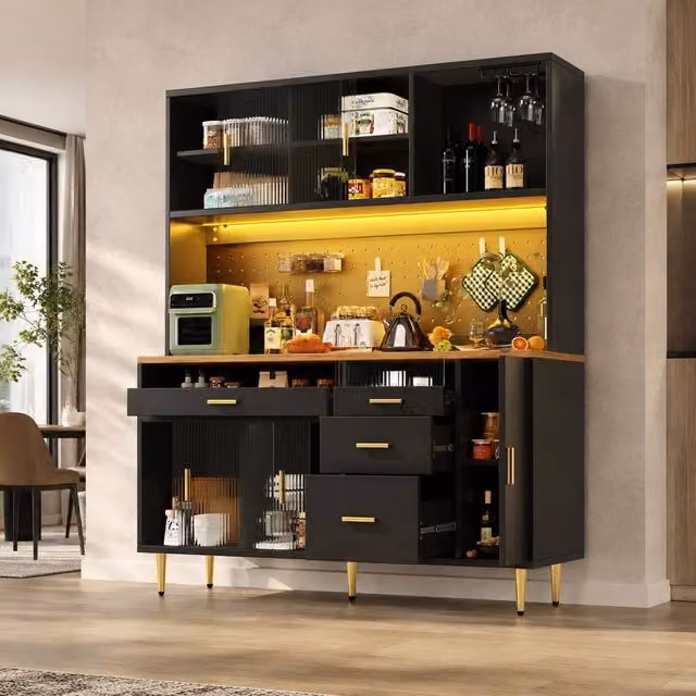 STILVORA Modern Tall Cabinet in Black with Integrated LED Lighting and Sliding Glass Doors – 1