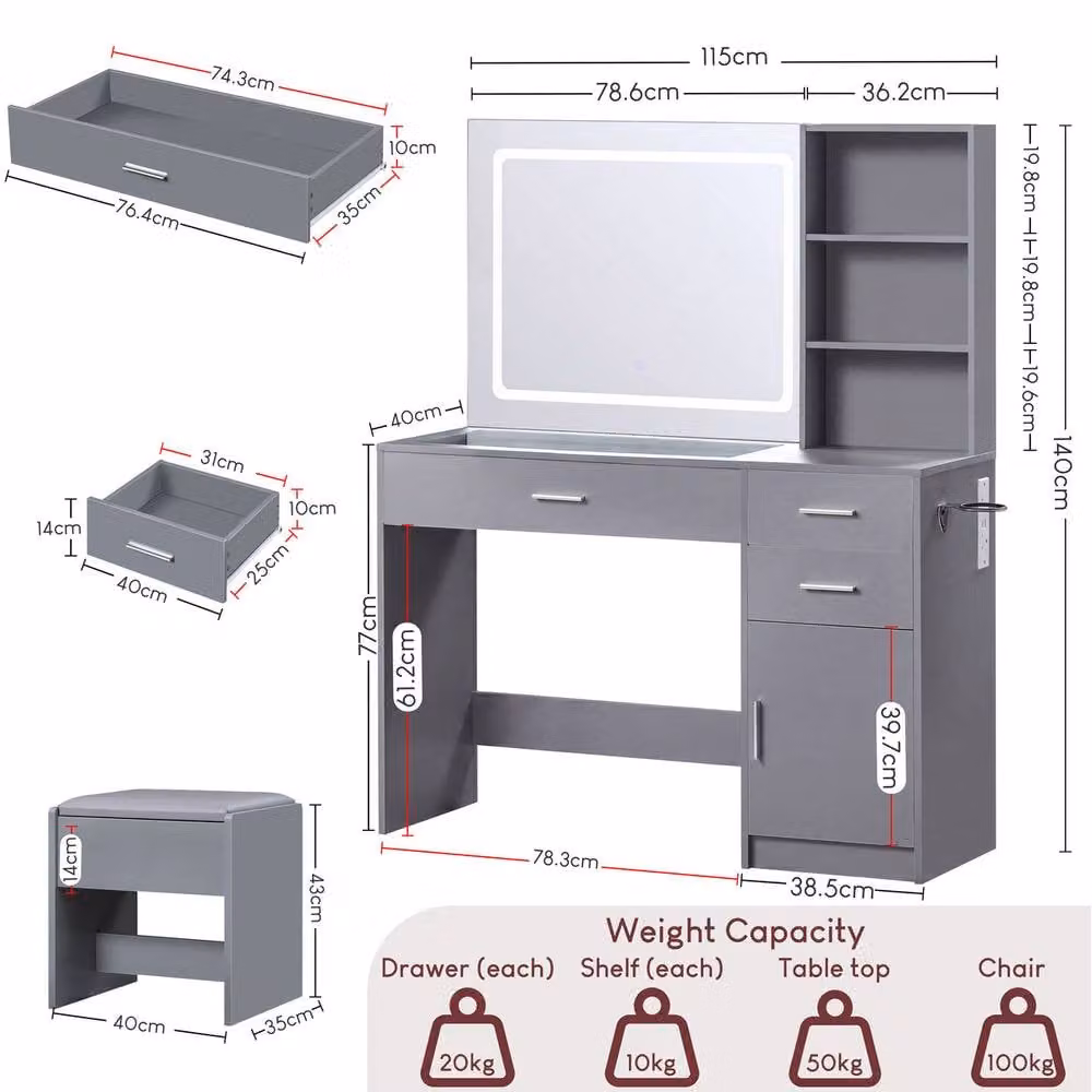 Vida Designs Clova LED Dressing Table with 3 Drawers, 1 Door and 2 Shelves in Grey – 3