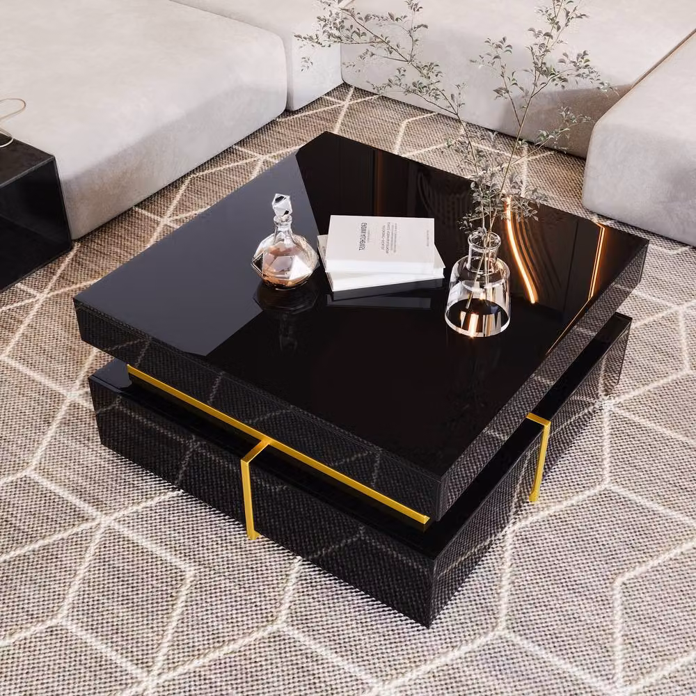 BTM High-Gloss Side Table with Drawer and Gold Accents in Black, W/D/H: 35.5 x 26.2 x 70 cm – 2