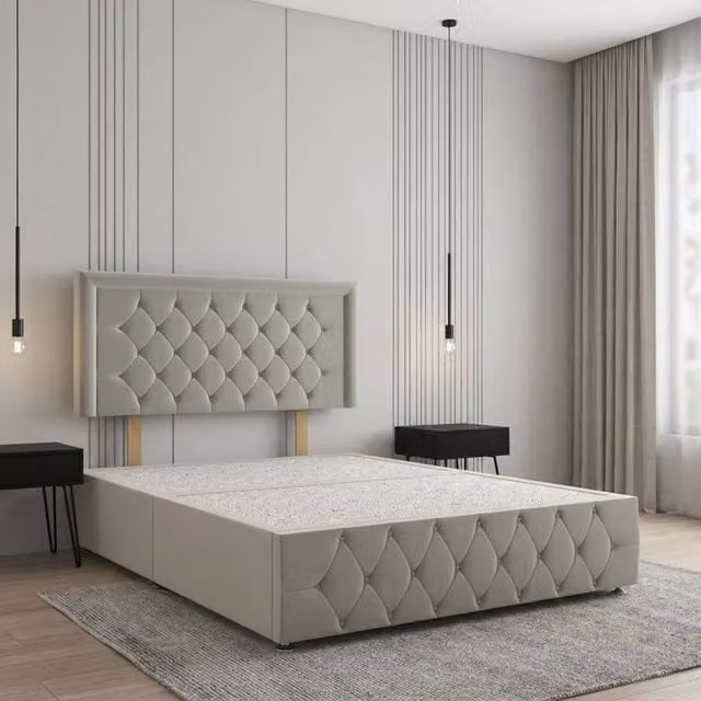 Regional Furnishings Super King Divan Bed with 24 inch Plush Velvet Headboard and Footboard in Silver, W: 200 cm x D: 200 cm