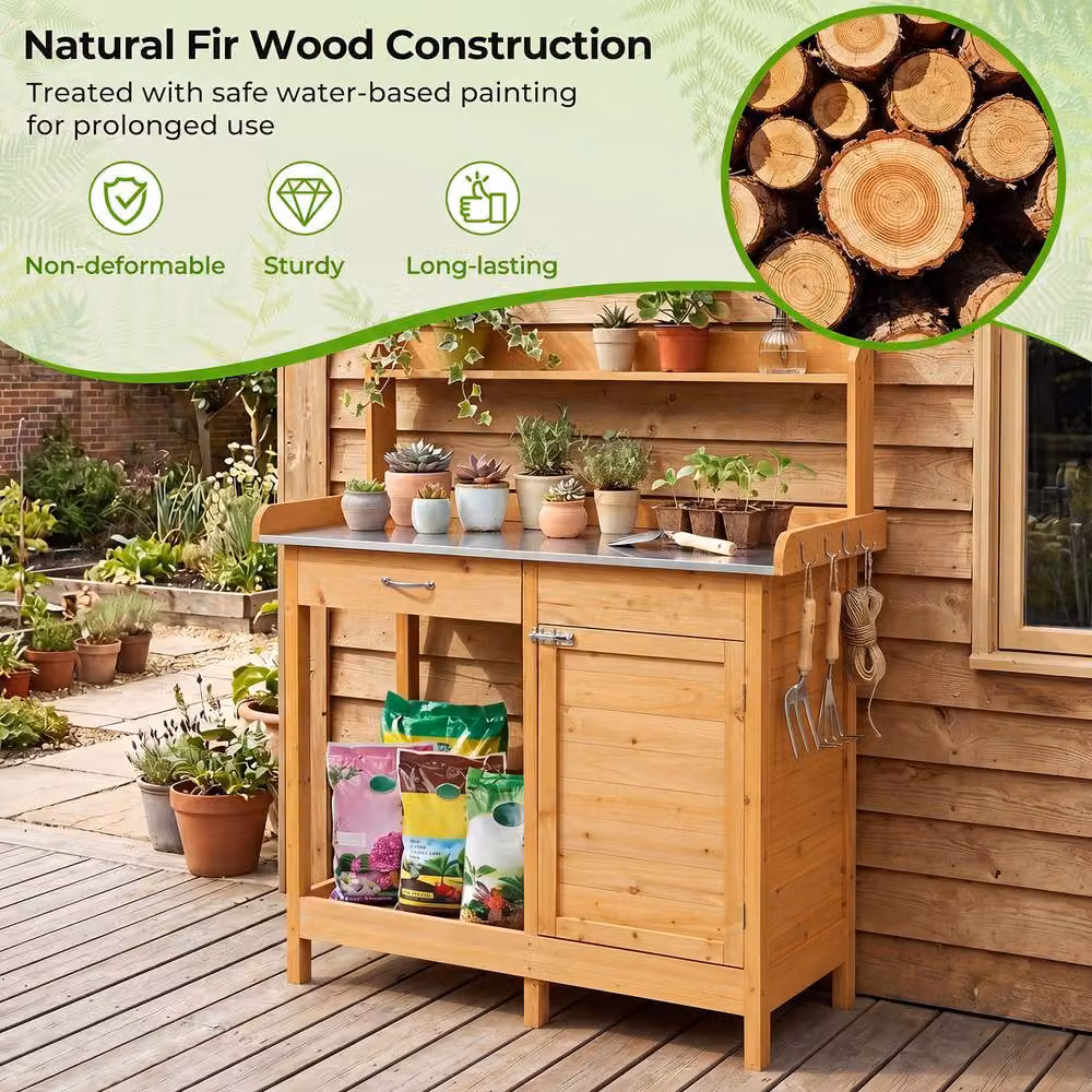 Costway Garden Potting Bench Wood Plant Workstation with Lockable Cabinet in Brown – 5