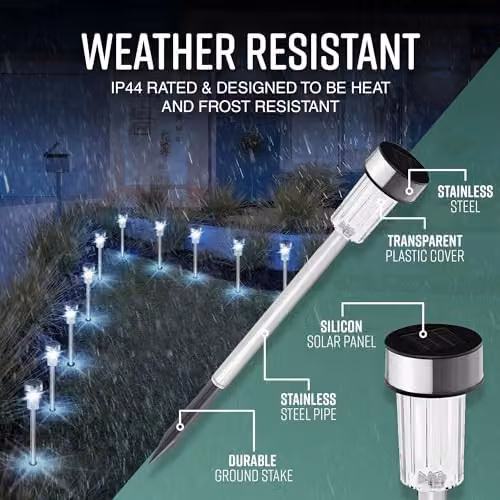 Globrite Pack of 10 Silver Stainless Steel LED Solar Garden Lights with Ground Spike and Warm White Dusk Sensor Light Effect – 7