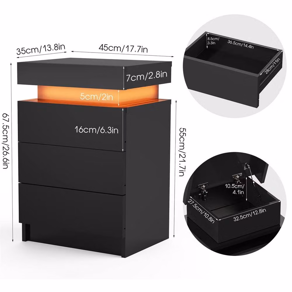 Nordara Black 3-Drawer High Gloss LED Bedside Table in Black – 2