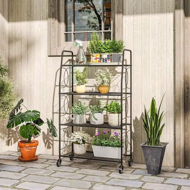 OUTSUNNY 4-Tier Metal Plant Stand with Lockable Wheels, Black, H 114.0 x W 63.5 x D 29.0 cm