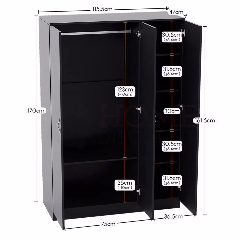 FORGEVIO Black Modern 3 Door Wooden Wardrobe with Internal Shelves and Hanging Rod – 4