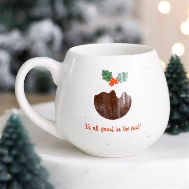 Uniqueful All Good in the Pud Rounded Christmas Ceramic Mug in White, 500 ml – 1
