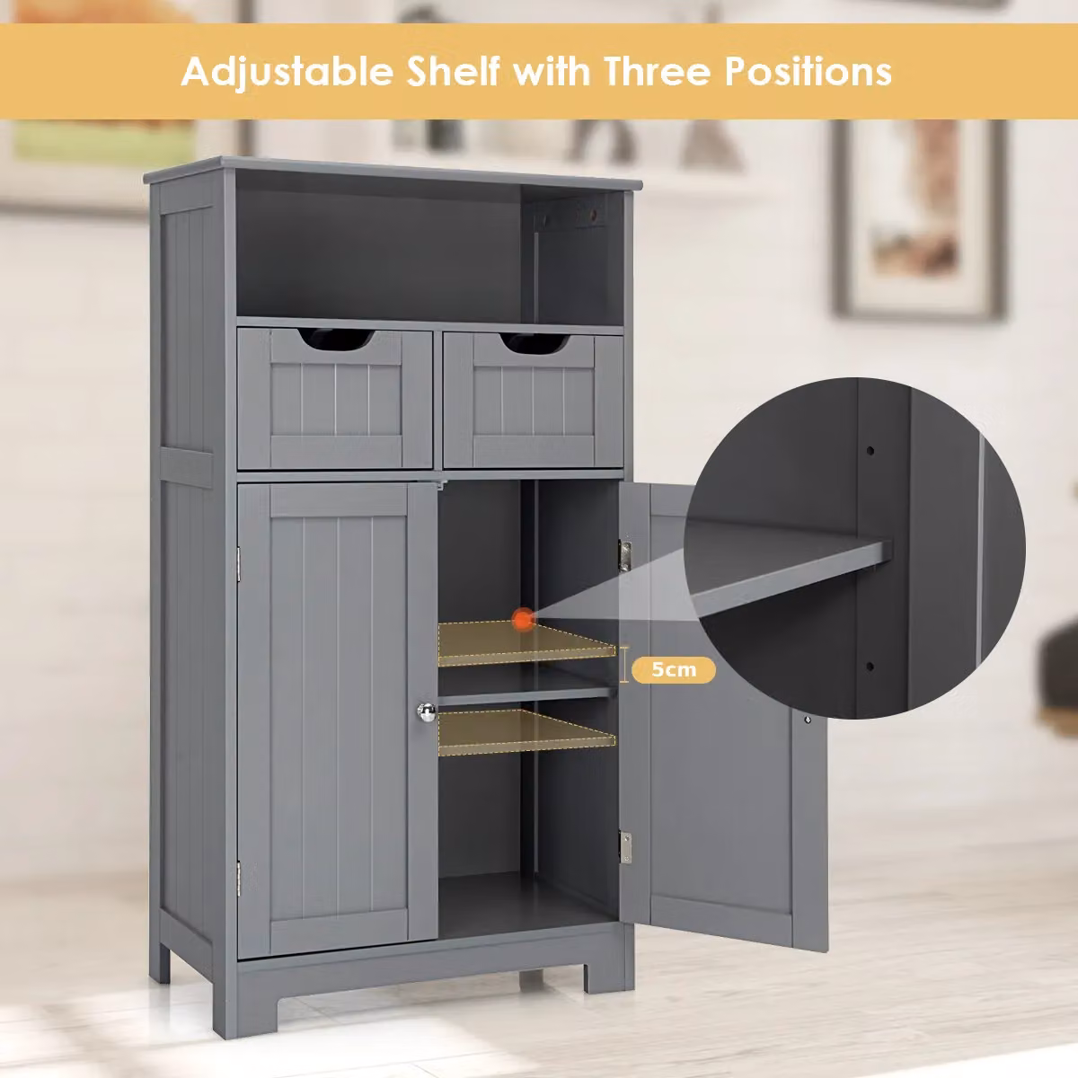 Costway Grey Wooden Freestanding Cupboard Cabinet with Internal Shelves and Drawers for Bathroom, Bedroom, Living Room or Kitchen – 4