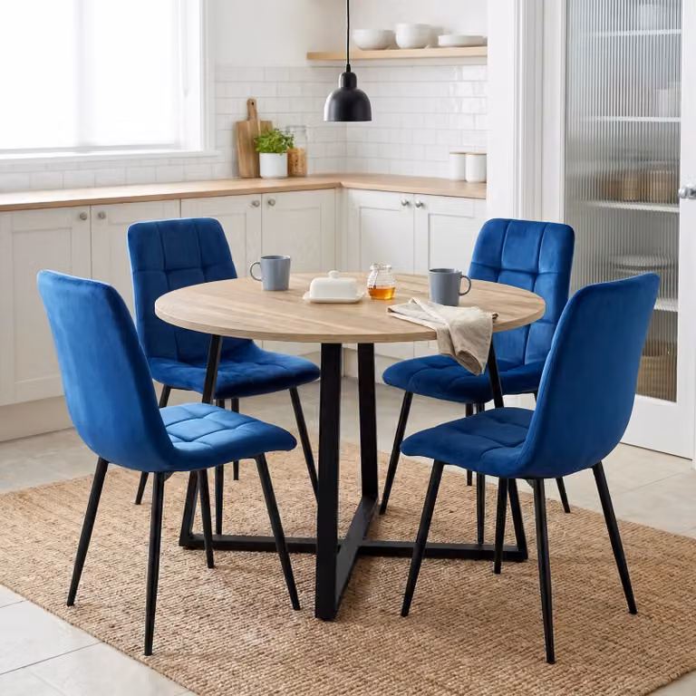 DHS Kyvon Round Dining Table Set with 4 Blue Chairs and Sonoma Oak Effect Table, Diameter: 110 cm, Height: 75 cm