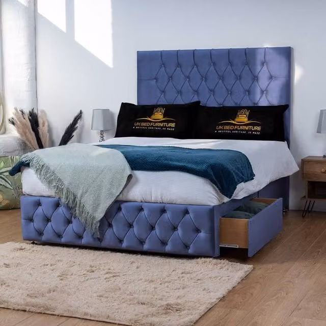 UK Bed Furniture Monaco Blue Velvet Single Divan Bed with 2 Drawers and 26 Inch Headboard, W/D/H: 90 x 190 cm