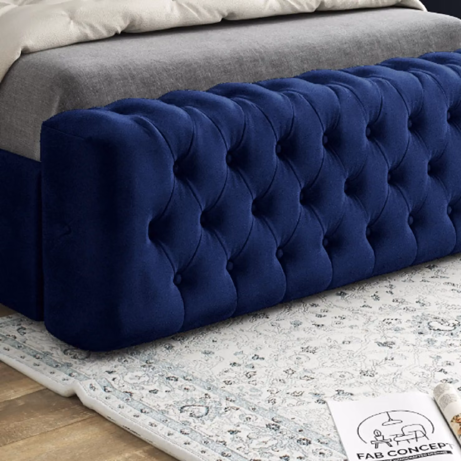 Casani Marino Mirror Upholstered Velvet Bed Frame in Blue and Silver, W/D/H: 140 x 200 cm – 3